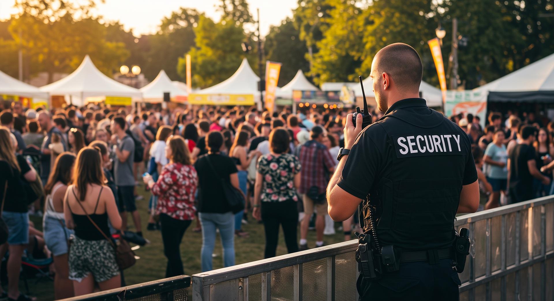 Sicherheitskraft beobachtet Menschenmenge auf Festival | Brandwache